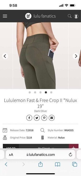lululemon athletica Fast and Free Crop II 19" Nulux dark olive - Picture 2 of 11